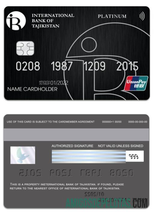 Cartão UniPay Platinum do Tajiquistão Banco Internacional do Tajiquistão exemplo real